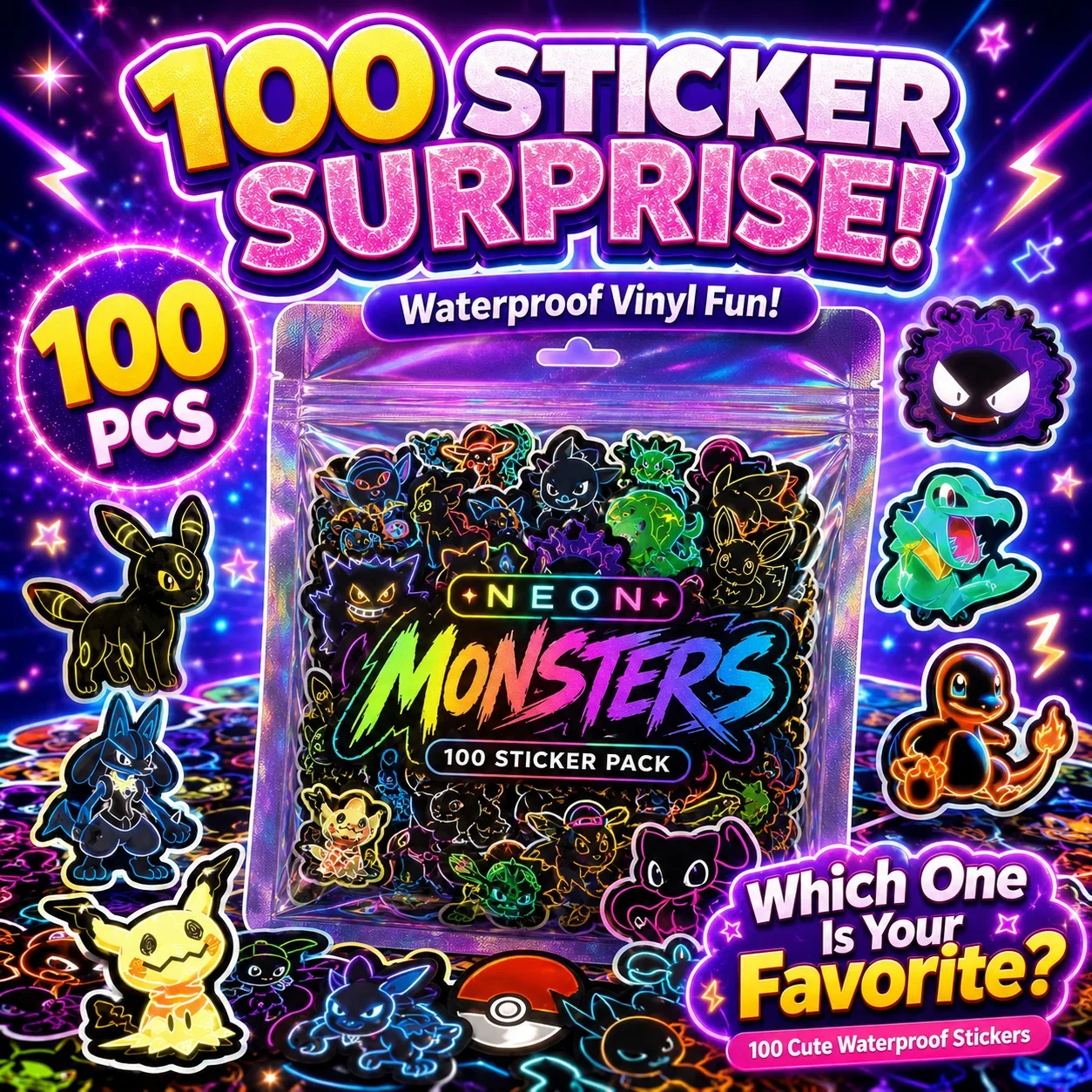 Wall Sticker - 100 Adesivos Neon Pokémon à Prova